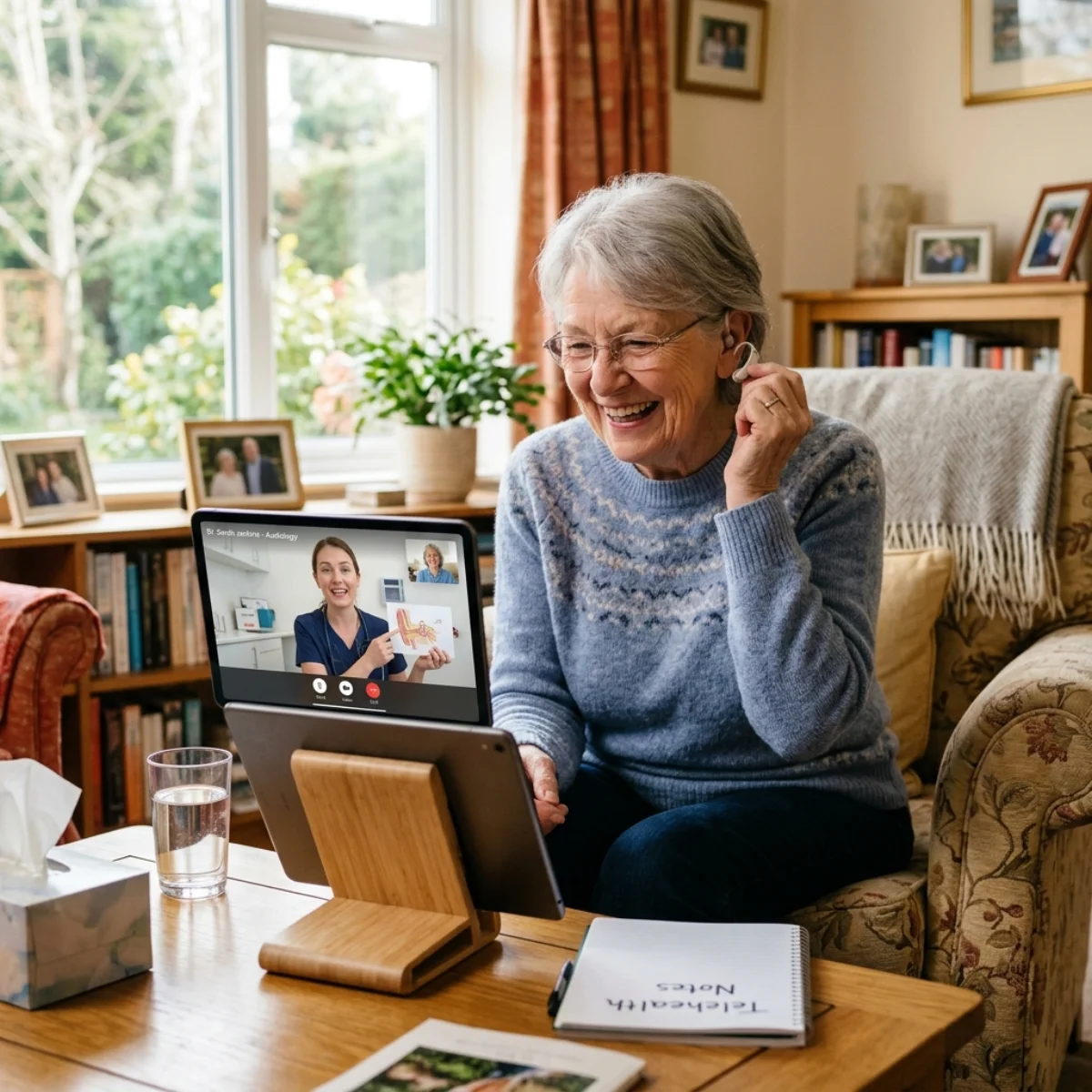 A woman in her seventies sits in her own living room and speaks with a clinician on a tablet screen.